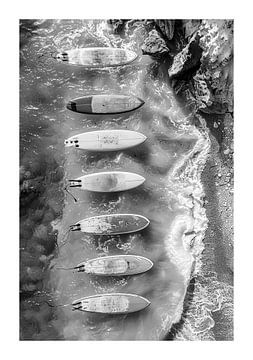 Aerial view of surfboards on the sandy shore by Felix Brönnimann