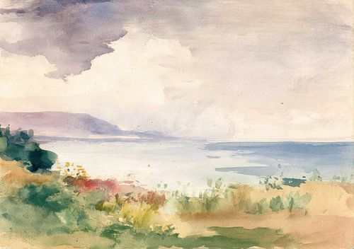 Tranquil coastal landscape in watercolour