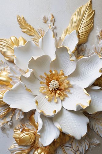 White flower with gold leaves