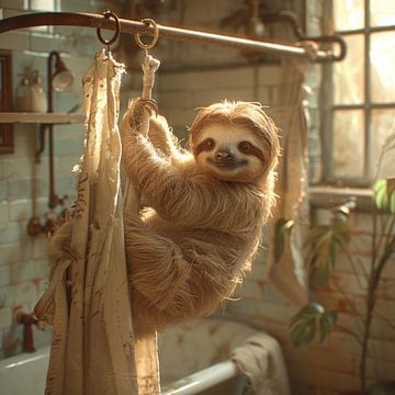 Relaxed sloth hanging on the shower curtain - WC decoration by Felix Brönnimann