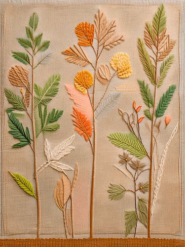 Motif de broderie botanique avec des feuilles d'automne vertes et aux couleurs chaudes