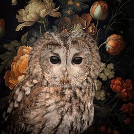 Still life Owl in flowers by Marjolein van Middelkoop