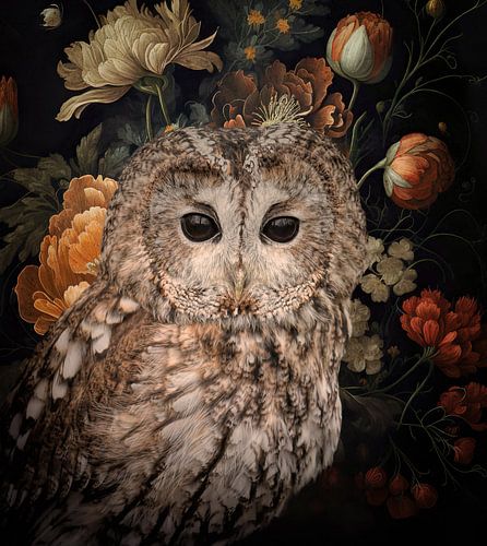 Still life Owl in flowers