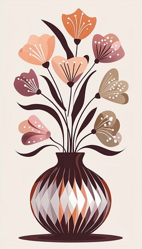 Boho bloemenharmonie: Een mid-century moderne vaas met abstracte bloemen