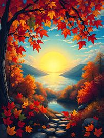 Golden Embrace of Autumn Lake by Artistic