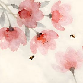 Aquarellblüten und Bienen in freier Komposition von Kristin M