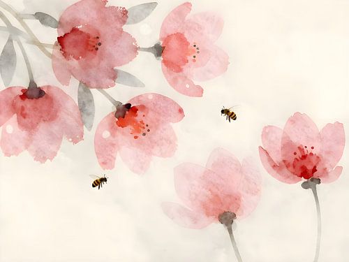 Watercolour flowers and bees in a free composition