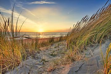 duinen strand en de Noordzee bij een zonsondergang