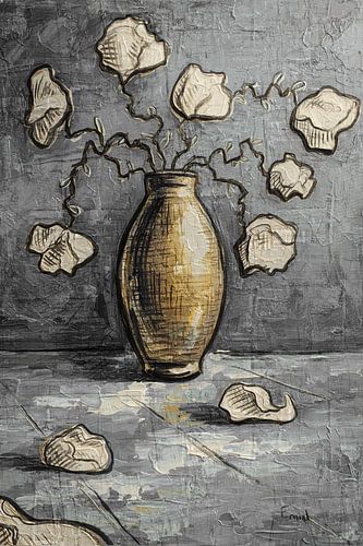 Abstract stilleven met vaas en bloemen – Gelaagde mixed media kunst