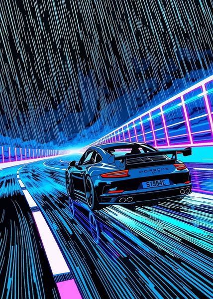 Porsche 911 GT3 RS bleue - Vitesse sur circuit pluvieux, nuit, néon par MIROKKU