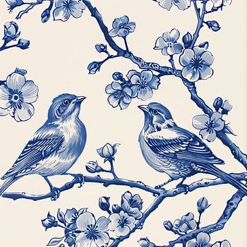 Delfts Blauwe Muurdecoratie: Traditionele Vogels op Bloesemtakke van Vlindertuin-Art