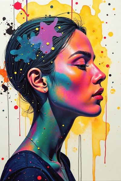 Digitaal schilderij van een vrouw&#039;s profiel met abstracte kleurspatten van Markus Gann