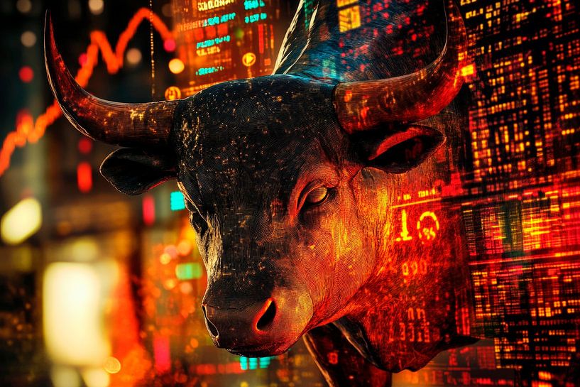 Bull portrait with stock market charts by Poster Art Shop