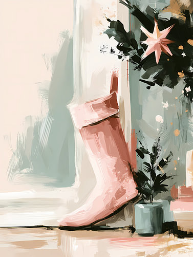 Une chaussette de Noël rose près du sapin