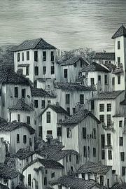 grafische afbeelding van huizen en trappen van Egon Zitter