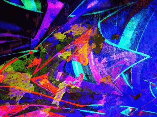 Modern, Abstract Digitaal Kunstwerk in Rood, Blauw, Paars, Neon