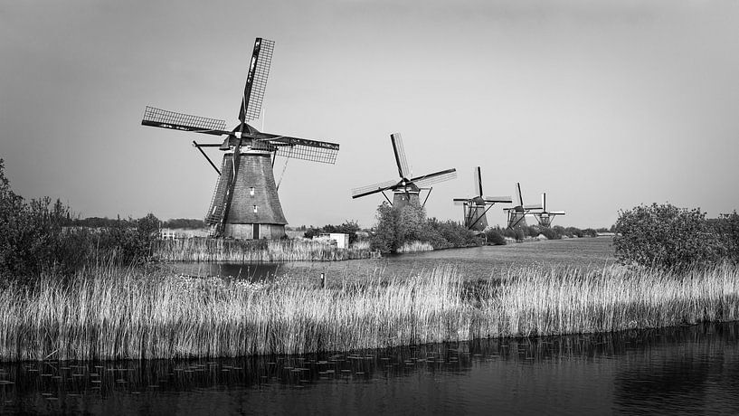 Mühlen am Kinderdijk in Schwarz und Weiß von Henk Meijer Photography
