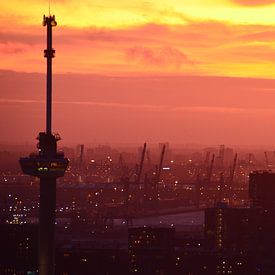 Euromast and the Harbour of Rotteram under a bright red and orange sky by Marcel van Duinen