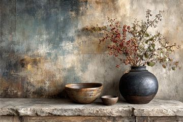 Dark Ceramic Still Life with Vase and Berries