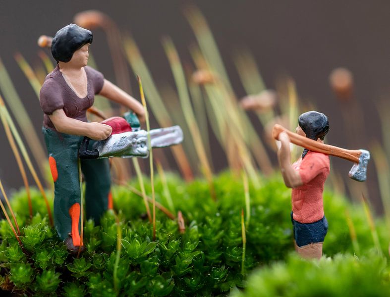 Miniaturen beim Hacken und Sägen zwischen dem Moos von Jolanda de Jong-Jansen