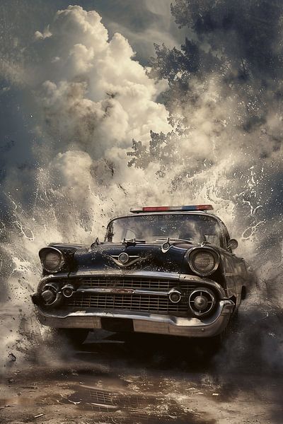 Nebelige Polizeiauto-Szene von fernlichtsicht