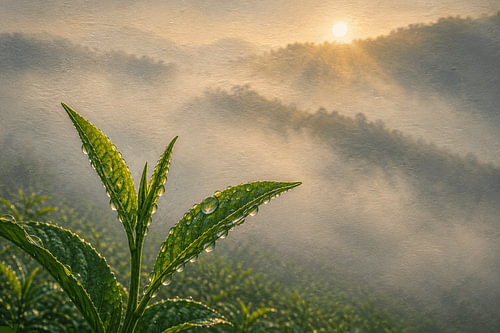Junge Teetriebe im Morgennebel I Indonesien I Minimalistische Kunst