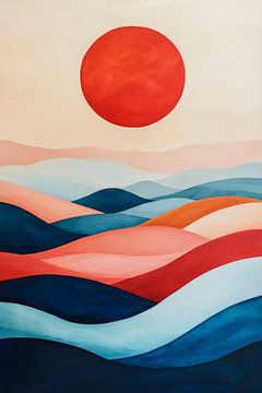 Paysage de vagues sous une boule de soleil rouge sur Poster Art Shop