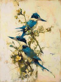 Painting of kingfishers on a blossom-covered branch by But First Framing