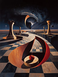 surrealism, chessboard, landscape, spiral, Dali’s style