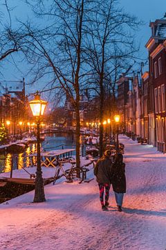 Leiden - Een stelletje loopt over de besneeuwde oude rijn (0013) van Reezyard