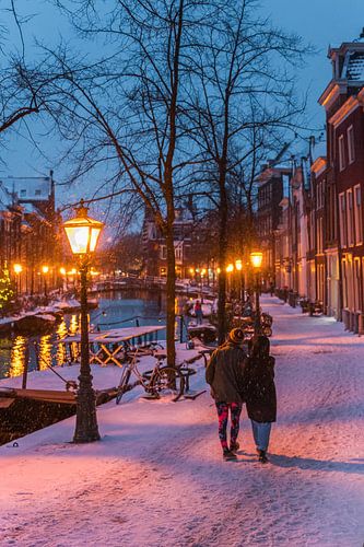 Leiden - A couple walks across the snowy Old Rhine (0013)