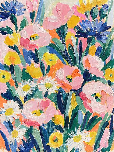 Peinture à l'huile représentant une prairie fleurie colorée - Art floral