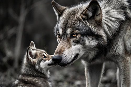 Intiem moment tussen wolf en welp
