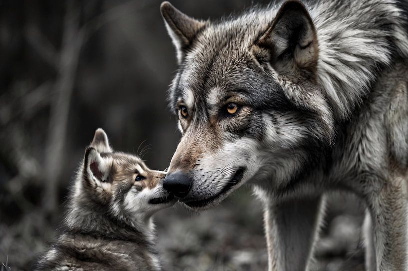 Intimer Moment zwischen Wolf und Jungtier von Art & Soul Creations