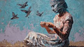 Distorted Figure Feeding Glass Birds While Pulling Wires From Chest Abstract Emotional Painting by Aden Pink Studio