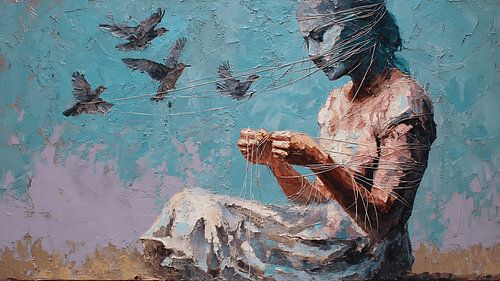Peinture abstraite et émotionnelle représentant une silhouette déformée nourrissant des oiseaux de verre tout en tirant des fils de sa poitrine