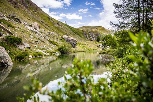 Lac de montagne suisse, forêt alpine et ciel bleu
