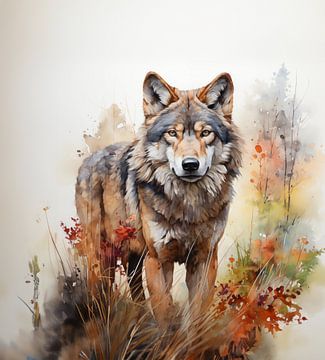 watercolour painting of a wolf standing among tall grasses by Margriet Hulsker