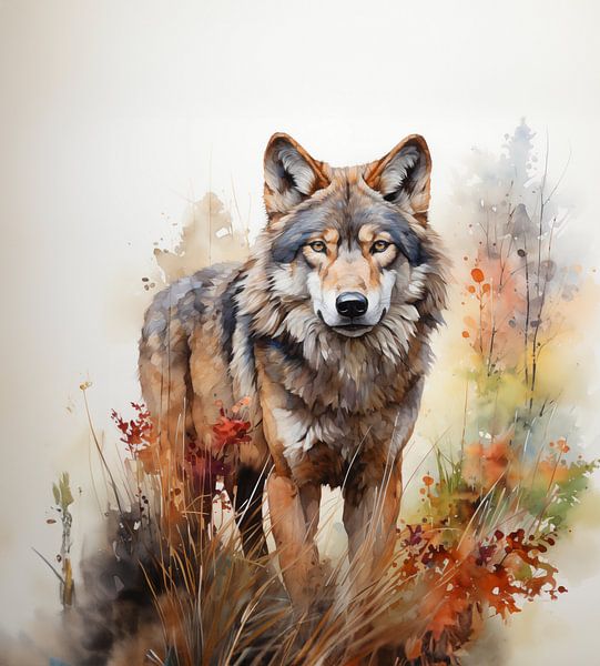Aquarell eines Wolfs inmitten hoher Gräser von Margriet Hulsker