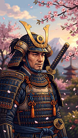 Pixelkunst: Der edle Samurai unter blühenden Kirschbäumen, der den Berg Fuji betrachtet, während er sein Katana trägt und ein uraltes japanisches Erbe beschützt von my pixel art
