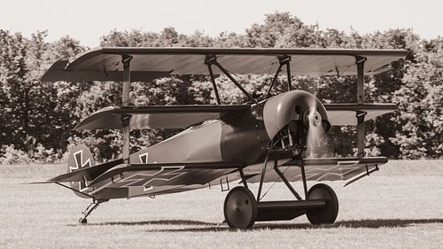 Replica van een Fokker DR.1 driedekker.