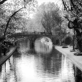 Herfst in Utrecht, De Geertebrug over de Oudegracht in Utrecht in het herfstlicht (zwartwit) van André Blom Fotografie Utrecht