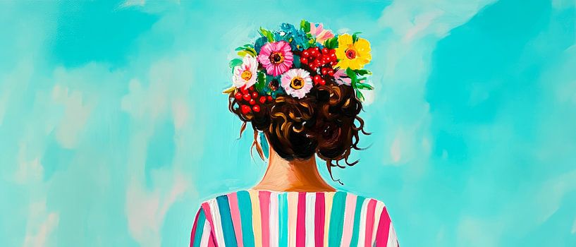 Woman with a wreath of flowers against a blue background by Poster Art Shop