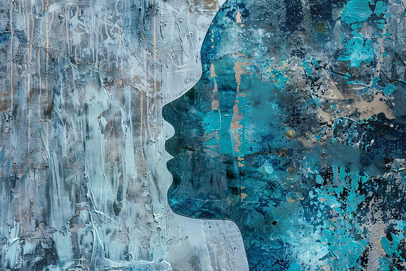 Abstract Gezicht in Blauw, Zwart en Grijs van Art & Soul Creations