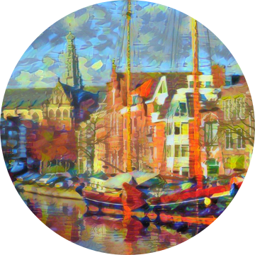 Abstract Schilderij Haarlem Spaarne met Grote of St.-Bavokerk van Slimme Kunst.nl