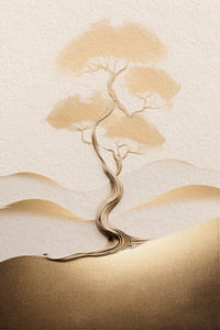 Moderner, minimalistischer Baum im Wabi-Sabi-Stil in sanften Goldtönen