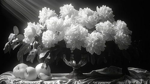 zwart wit stilleven van bloemen en fruit in een extreem dramatisch licht