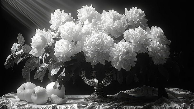Black and white still life of flowers and fruit in extremely dramatic light by Gelissen Artworks