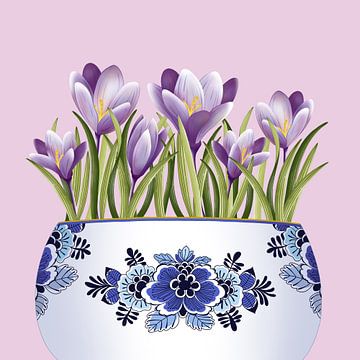 Krokussen in een Delfs Blauwe bloempot