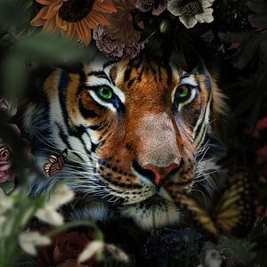Un tigre regarde à travers les buissons sur Bert Hooijer